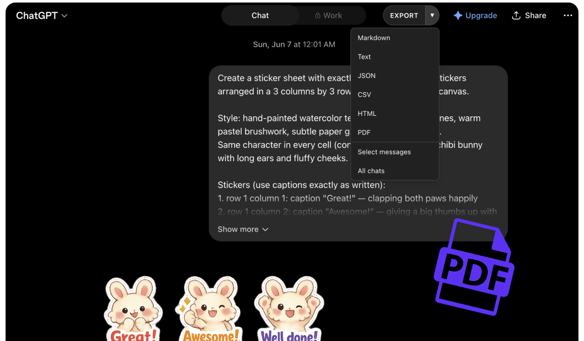 ChatGPT Extractor EXPORT menu on chatgpt.com with Markdown, PDF, JSON, and more formats